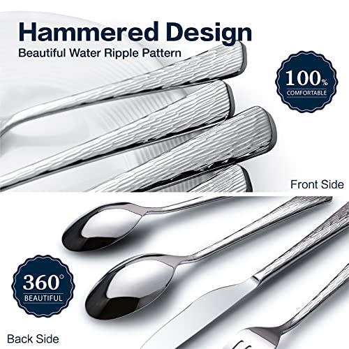 KINGSTONE Hammered Silverware Set, 40-Piece Flatware Set for 8, 18/10 Stainless Steel Premium Cutlery with Unique Ripple Handles Design Mirror Polished - Dishwasher Safe