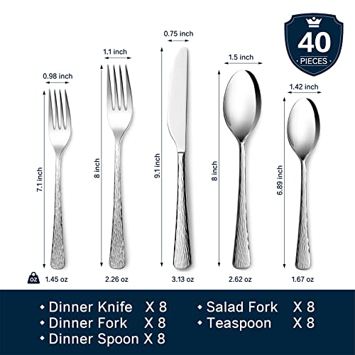 KINGSTONE Hammered Silverware Set, 40-Piece Flatware Set for 8, 18/10 Stainless Steel Premium Cutlery with Unique Ripple Handles Design Mirror Polished - Dishwasher Safe