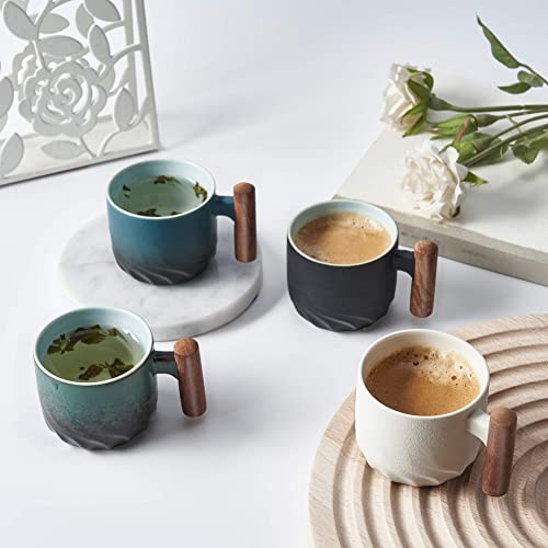BlogBlog Ceramic Espresso Cups with Wooden Handle Espresso Shot Cups Ceramic Tea Cups Porcelain Demitasse Cups for Coffee or Tea, 3oz (Mixed, 4)