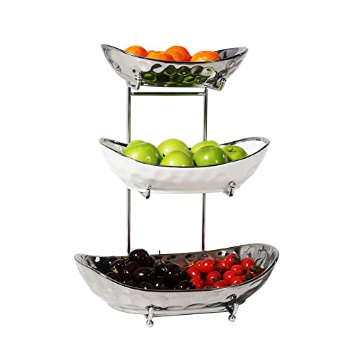 Acliys Fruit Bowl, 3 Tier Ceramic Fruit Basket, 3 Tier Serving Stand Serving Bowl with Metal Rack, Porcelain Kitchen Bowls for Fruit Vegetable Storage Snack Nuts Dessert Cake Tray for Party Wedding