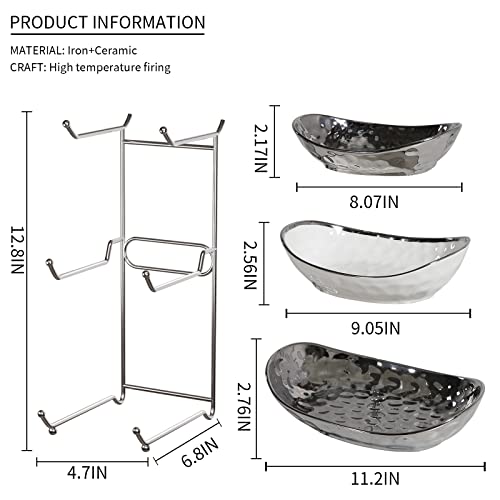 Acliys Fruit Bowl, 3 Tier Ceramic Fruit Basket, 3 Tier Serving Stand Serving Bowl with Metal Rack, Porcelain Kitchen Bowls for Fruit Vegetable Storage Snack Nuts Dessert Cake Tray for Party Wedding