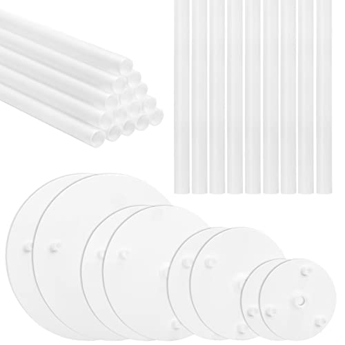 ZEAYEA 24 Pieces Cake Dowel Rods with 8 Pieces Cake Separator Plates for 4, 6, 8, 10 Inch Tiered Cakes, Plastic Cake Sticks Support Rods with Cake Board for 4 Tiered Cake Construction and Stacking