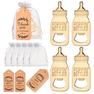 kagrbves 24pcs baby shower favors for guests ,poppin design baby bottle opener party return gifts or souvenirs with gift tags and white sheer bags in bluk (poppin bottle)