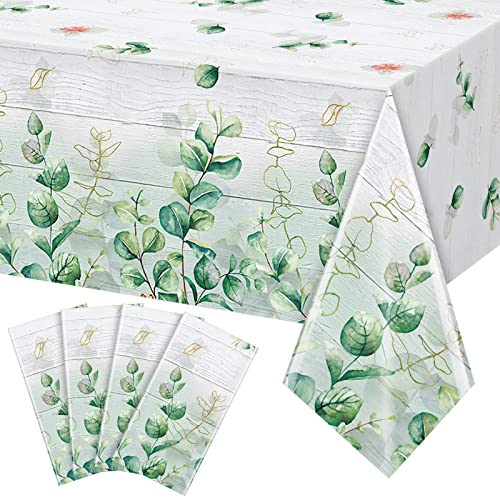 4 Pack Sage Green Eucalyptus Leaf Tablecloth Decorations, Plastic Spring Wood Sage Green Tablecloth Party Decorations, Green Disposable Table Cover for Baby Shower Birthday Wedding Party, 54x108 Inch