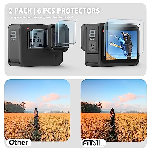 FitStill Silicone Rubber Case+2Pack Tempered Glass Protector Compatible for Go Pro Hero 8 Black, Skin Housing Rubber Case for Go Pro Hero 8 Black Case Protective Full Cover Shell Accessories Kit