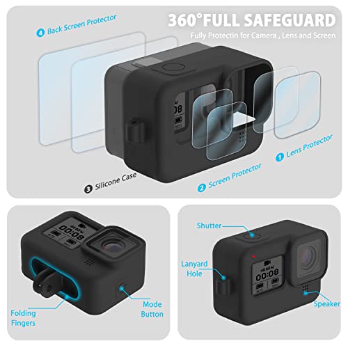 FitStill Silicone Rubber Case+2Pack Tempered Glass Protector Compatible for Go Pro Hero 8 Black, Skin Housing Rubber Case for Go Pro Hero 8 Black Case Protective Full Cover Shell Accessories Kit