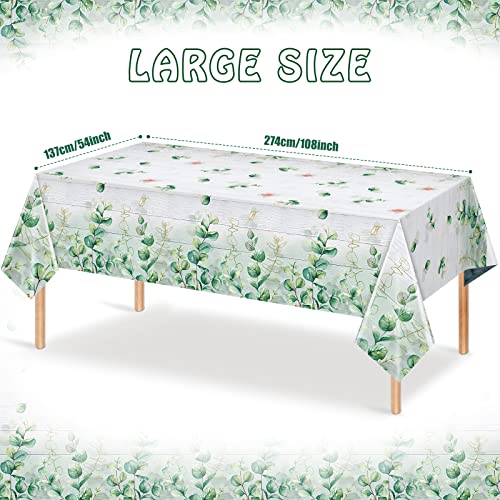 4 Pack Sage Green Eucalyptus Leaf Tablecloth Decorations, Plastic Spring Wood Sage Green Tablecloth Party Decorations, Green Disposable Table Cover for Baby Shower Birthday Wedding Party, 54x108 Inch