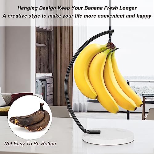 Livabber Banana Holder with Marble Base, Metal Banana Hanger Modern Tree Stand with Hook, Durable Banana Keeper Fresh Fruit Storage Organizer Freestanding for Kitchen Countertop (Black, Single Hook)