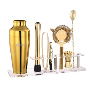 btuqbu cocktail shaker set with arcylic stand, mixology bartender kit for drink mixing | mixology set with 7 bar set tools cocktail kit (gold)