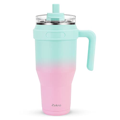 Zukro 40 oz Mug Tumbler With Handle And Flip Straw, Leakproof Vacuum Insulated Stainless Steel Cup Water Bottle with 2-in-1 Lid,Large Travel Mug Fit in Cup Holder, Keeps Cold for 30 Hours, Bubblegum