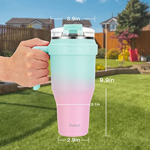 Zukro 40 oz Mug Tumbler With Handle And Flip Straw, Leakproof Vacuum Insulated Stainless Steel Cup Water Bottle with 2-in-1 Lid,Large Travel Mug Fit in Cup Holder, Keeps Cold for 30 Hours, Bubblegum