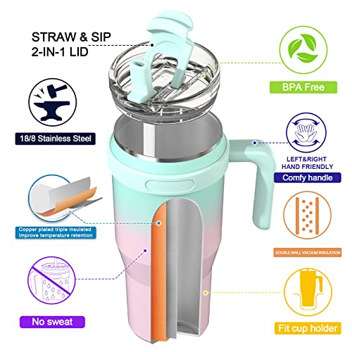 Zukro 40 oz Mug Tumbler With Handle And Flip Straw, Leakproof Vacuum Insulated Stainless Steel Cup Water Bottle with 2-in-1 Lid,Large Travel Mug Fit in Cup Holder, Keeps Cold for 30 Hours, Bubblegum
