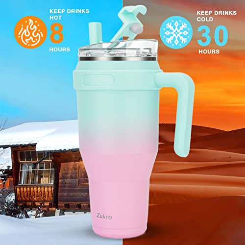 Zukro 40 oz Mug Tumbler With Handle And Flip Straw, Leakproof Vacuum Insulated Stainless Steel Cup Water Bottle with 2-in-1 Lid,Large Travel Mug Fit in Cup Holder, Keeps Cold for 30 Hours, Bubblegum