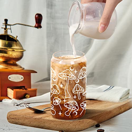 Lvoetgif Mushroom Iced Coffee Glasses with Bamboo Lids and Straw, Cute Mushroom Drinking Beer Can Shaped Cup, Aesthetic Birthday Gifts for Mushroom Lovers Women Mom Best friend wife