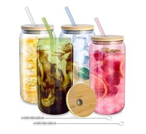 4 glass cups with bamboo lids and straws - drinking glasses drinking set, glass coffee cups, glass tumbler with lid and straw, glass tumbler, iced coffee cups, glass coffee cups with lids and straws