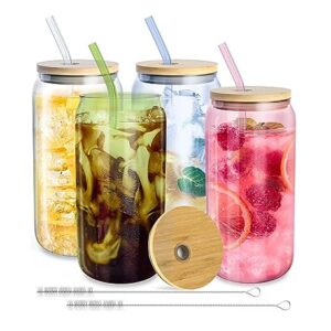 4 Glass Cups With Bamboo Lids and Straws - Drinking Glasses Drinking Set, Glass Coffee Cups, Glass Tumbler With Lid And Straw, Glass Tumbler, Iced Coffee Cups, Glass Coffee Cups With Lids And Straws