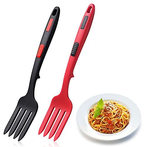 2PCS Silicone Flexible Fork, Heat-Resistant Cooking Fork Tools Dishwasher Safe Kitchen Fork Kitchen Non Stick Fork for Bake and Stir Mix Ingredients, Whisk Eggs (Black, Red)