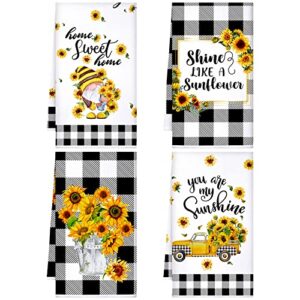 kajaia 4 pcs bee sunflower kitchen towels summer gnome dish towels watermelon lemon tea towels sunshine hand towels absorbent plaid towels for bathroom housewarming gifts (sunflower)