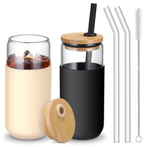 20 oz glass cups with bamboo lids and straws - beer can shaped drinking glasses with silicone protective sleeve set, iced coffee glasses, cute tumbler cup for water, smoothie, boba tea, gift, 2 colors
