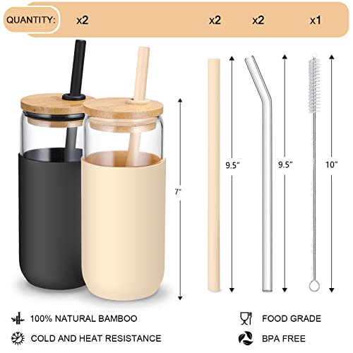 20 OZ Glass Cups with Bamboo Lids and Straws - Beer Can Shaped Drinking Glasses with Silicone Protective Sleeve Set, Iced Coffee Glasses, Cute Tumbler Cup for Water, Smoothie, Boba Tea, Gift, 2 Colors