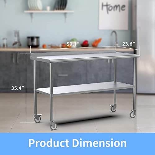 ROVSUN 60'' x 24'' Stainless Steel Table for Prep & Work,Commercial Heavy Duty Worktables & Workstations, Metal Table with Wheels for Kitchen, Restaurant,Home,Hotel