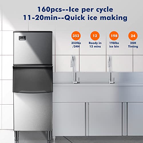 ZAFRO Ice Maker Machine Commercial，352lbs/24H Industrial Ice Machine with 198lbs Ice Bin, 22.5" Air Cooled Stainless Steel Ice Cube Maker for Restaurant/Hospital/Bar/Cafe/Lab with Scoop Silver