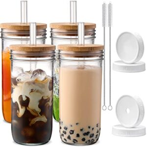 dwts danweitesi mason jar with lid and straw, 24oz glass cups with lid and straws-wide mouth reusable drinking glasses,iced coffee cups glass with lids,vasos de vidrio【4 pack】