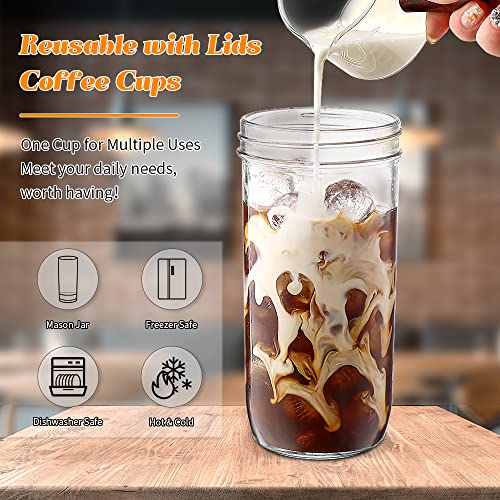 DWTS DANWEITESI Mason Jar with Lid and Straw, 24oz Glass Cups with Lid and Straws-Wide Mouth Reusable Drinking Glasses,Iced Coffee Cups Glass with Lids,Vasos De Vidrio【4 Pack】