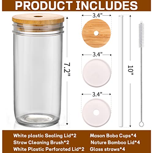 DWTS DANWEITESI Mason Jar with Lid and Straw, 24oz Glass Cups with Lid and Straws-Wide Mouth Reusable Drinking Glasses,Iced Coffee Cups Glass with Lids,Vasos De Vidrio【4 Pack】