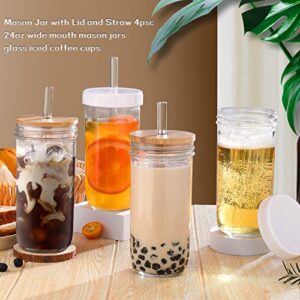 DWTS DANWEITESI Mason Jar with Lid and Straw, 24oz Glass Cups with Lid and Straws-Wide Mouth Reusable Drinking Glasses,Iced Coffee Cups Glass with Lids,Vasos De Vidrio【4 Pack】