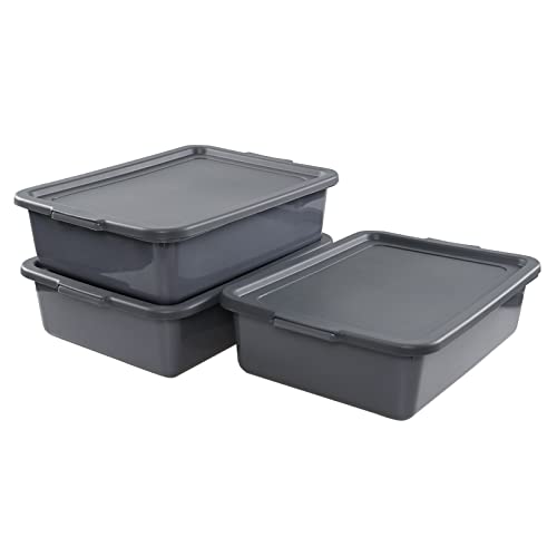 Zopnny Pack of 3 Plastic Bus Tub, Commercial Bus Box with Lid, Grey