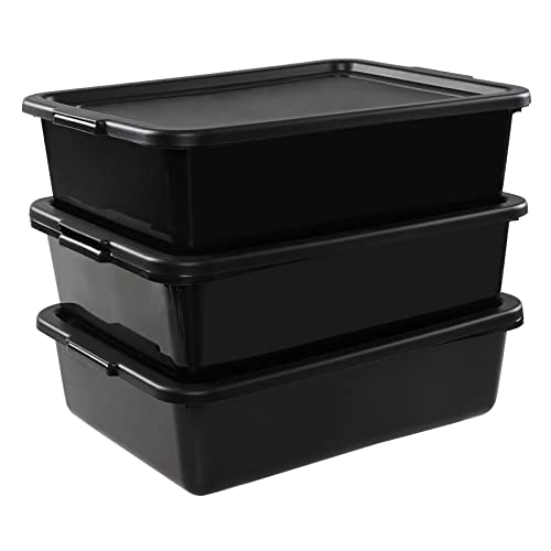 Buyitt 3-Pack Commercial Bus Box with Lid, Plastic Utility Bus Tubs, Black, F