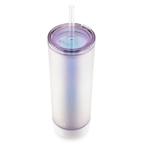 Ello Monterey 24oz Plastic Tumbler with Straw and Built-In Silicone Coaster, Premium Double Walled Insulation, Reusable Cup Perfect for Iced Coffee, BPA Free, Silver