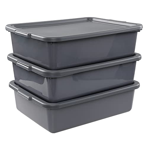 Yesdate 3 Packs 13 L Plastic Commercial Bus Box with Lid, Utility Bus Tub, Grey