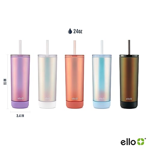 Ello Monterey 24oz Plastic Tumbler with Straw and Built-In Silicone Coaster, Premium Double Walled Insulation, Reusable Cup Perfect for Iced Coffee, BPA Free, Silver