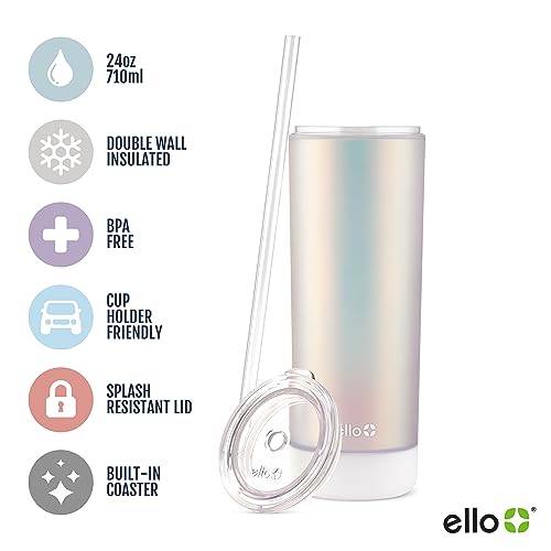 Ello Monterey 24oz Plastic Tumbler with Straw and Built-In Silicone Coaster, Premium Double Walled Insulation, Reusable Cup Perfect for Iced Coffee, BPA Free, Silver