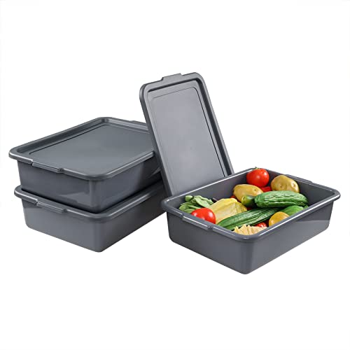 Yesdate 3 Packs 13 L Plastic Commercial Bus Box with Lid, Utility Bus Tub, Grey