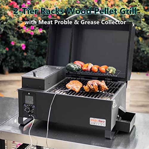 Onlyfire Wood Pellet Grill and Smoker with Auto Temperature Control, LED Screen, Meat Probe & 2 Tiers Cooking Area, Portable Outdoor BBQ Grilling Stove for RV Camping Tailgating Cooking, Black