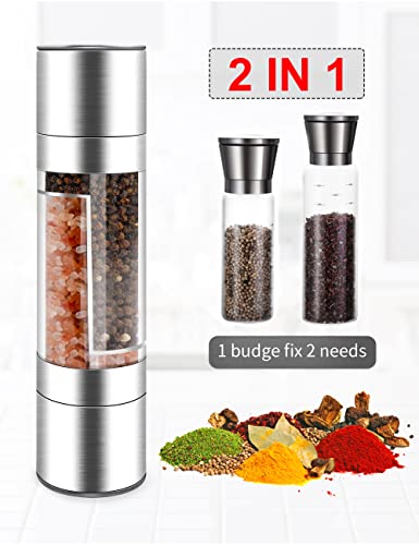 Gulex® Salt and Pepper Grinder Set, 2 in 1 Salt Mill and Pepper Mill with 5 Level Adjustable Coarseness, Stainless Steel Salt and Pepper Grinder Refillable for Kitchen (2 in 1)