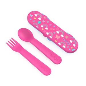 bentgo® kids utensil set - reusable plastic fork, spoon & storage case - bpa-free materials, easy-grip handles, dishwasher safe - ideal for school lunch, travel, & outdoors (rainbows and butterflies)