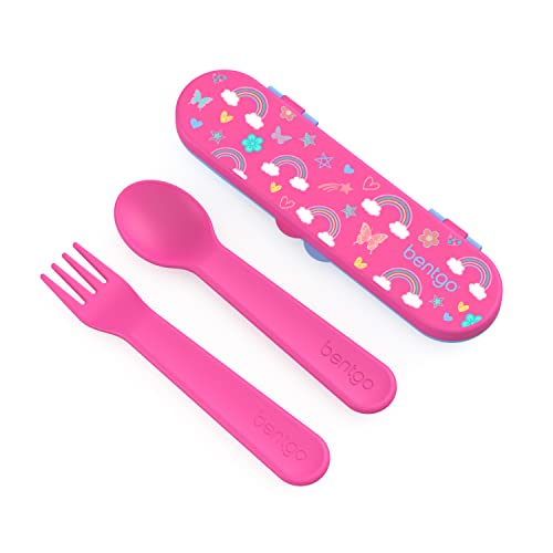 Bentgo® Kids Utensil Set - Reusable Plastic Fork, Spoon & Storage Case - BPA-Free Materials, Easy-Grip Handles, Dishwasher Safe - Ideal for School Lunch, Travel, & Outdoors (Rainbows and Butterflies)