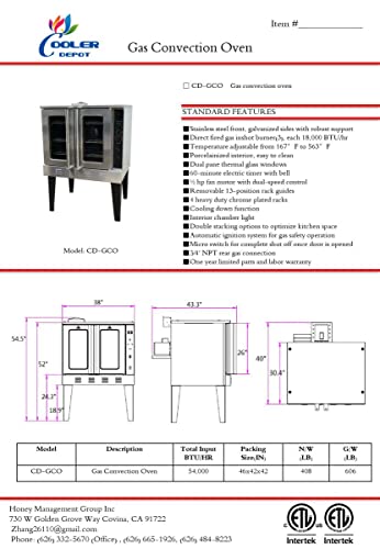 Commercial Convection Oven, Natural Gas or Propane, 54000 BTU, Single Deck, Four Legs, Restaurant Kitchen Bakery COG-1