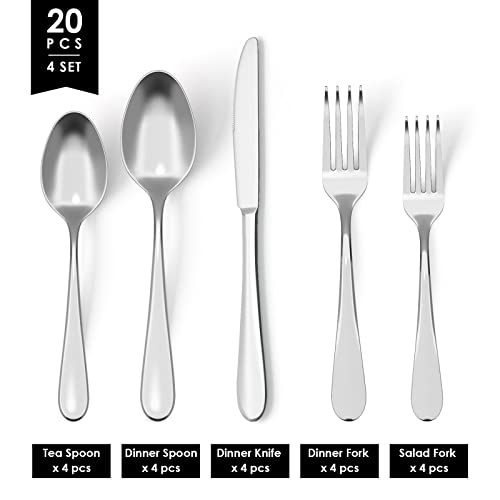 Moretoes 20Pcs Silverware Set for 4, Stainless Steel Cutlery Set, Mirror Polished Flatware Sets for Home and Restaurant, Include Knife Fork Spoon Set, Dishwasher Safe