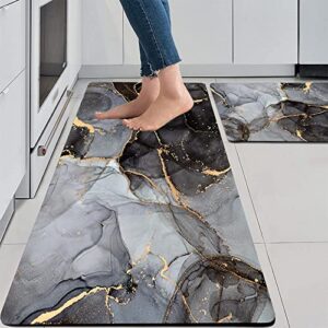 Bisead Luxury Black and Gray Marble Kitchen Rugs and Mats Anti Fatigue PVC Leather Kitchen Rugs Set of 2 Non-Slip Waterproof Comfort Standing Floor Mat for Kitchen Sink Laundry 17.3"×29"+17.3"X47"