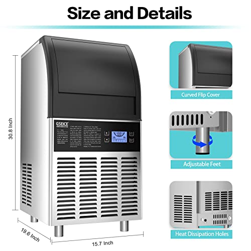 GSEICE Commercial Ice Maker Machine,150lbs/24H with 34lbs Ice Storage Capacity, 20” Air Cooled Freestanding Ice Machine, Automatic Operation Self Clean Ice Cube Maker for Home Office Bar Restaurant