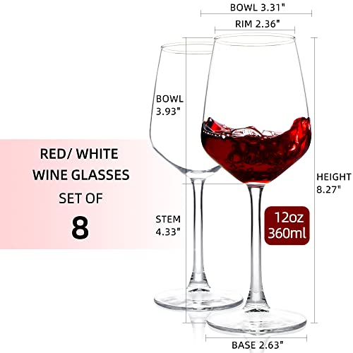 Long Stem Wine Glasses Set of 8, 12oz Clear Red/White for Party, Wedding and Home