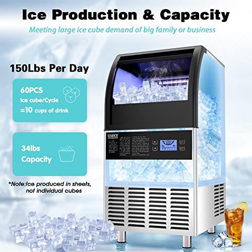 GSEICE Commercial Ice Maker Machine,150lbs/24H with 34lbs Ice Storage Capacity, 20” Air Cooled Freestanding Ice Machine, Automatic Operation Self Clean Ice Cube Maker for Home Office Bar Restaurant