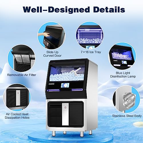 GSEICE Commercial Ice Maker Machine,280lbs/24H with 70lbs Ice Storage Capacity, 20” Air Cooled Undercounter Full Cube Ice Maker, 304 Stainless Steel Smart Control Ice Machine for Home Business Party