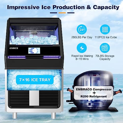 GSEICE Commercial Ice Maker Machine,280lbs/24H with 70lbs Ice Storage Capacity, 20” Air Cooled Undercounter Full Cube Ice Maker, 304 Stainless Steel Smart Control Ice Machine for Home Business Party