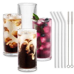 combler glass cups with straws, drinking glasses 12.5oz, ribbed glassware set of 4, iced coffee cup, coffee bar accessories, vintage glassware sets for beer smoothie whiskey cocktail glasses, gifts